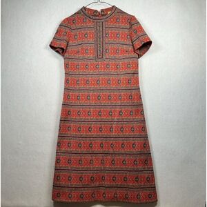Vintage 1960s 1970s Tannel Knit Boho Mod Shift Dress Ethnic Geometric